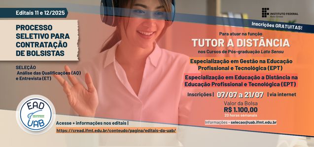 UAB/IFMT abre inscrições para 12 vagas de tutores a distância