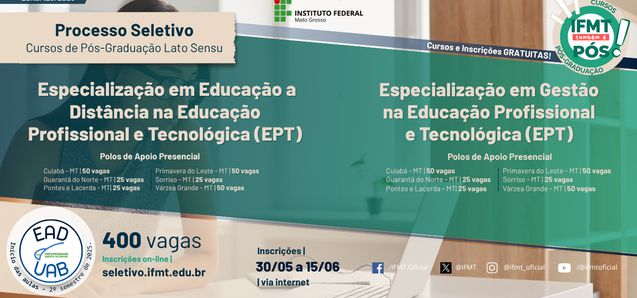 IFMT abre inscrições para 400 vagas em cursos de especialização a distância pelo programa UAB